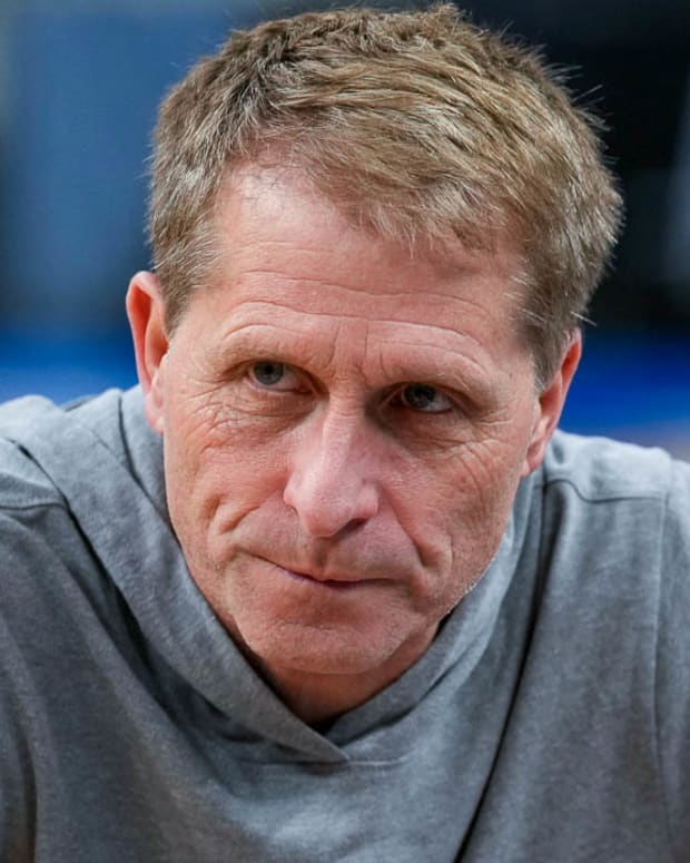 Razorbacks coach Eric Musselman on the court at Las Vegas in Wednesday's practice for Sweet 16.